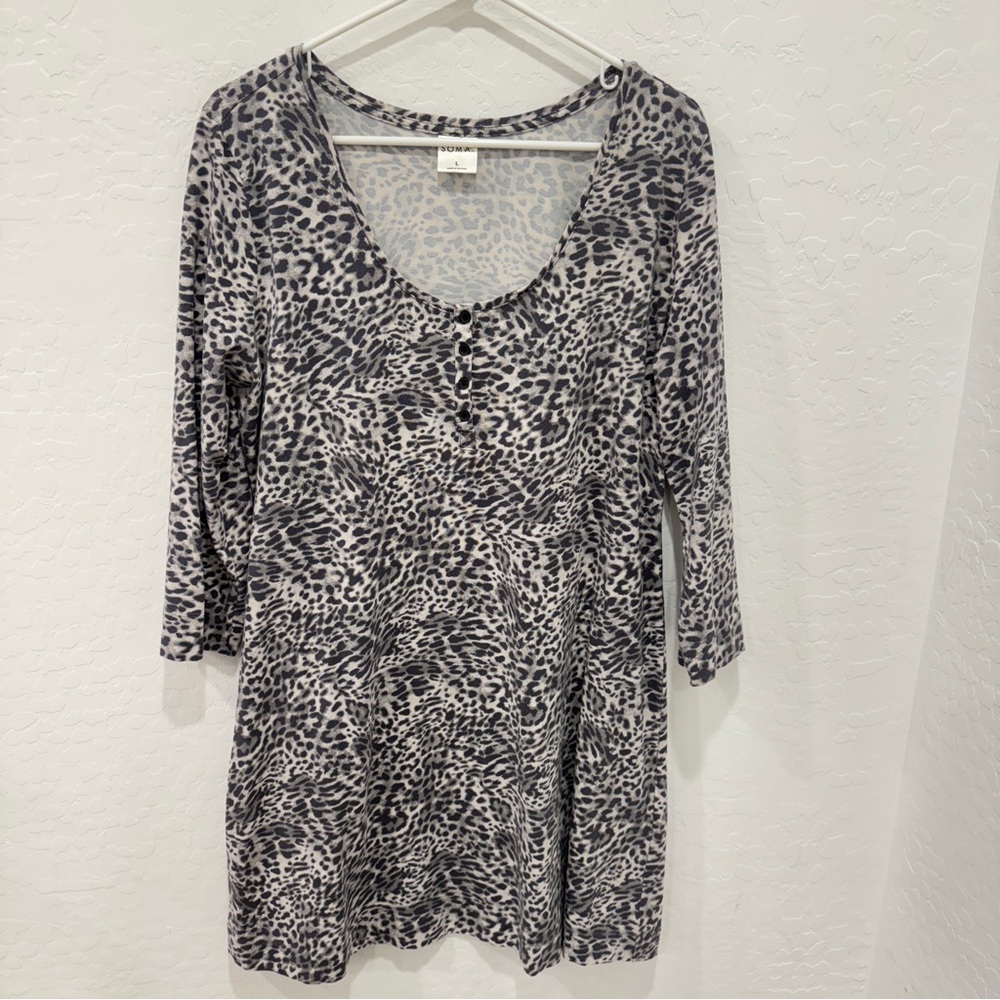 Soma Gray Leopard Print Pajama Tunic Top Sleepshirt Women Large Loungewear Modal